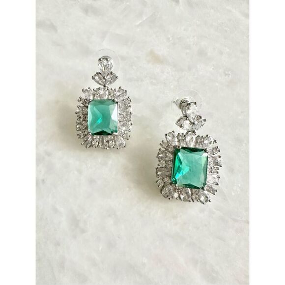 Cubic zirconia and aqua blue cushion cut dangle earrings - Picture 1 of 2